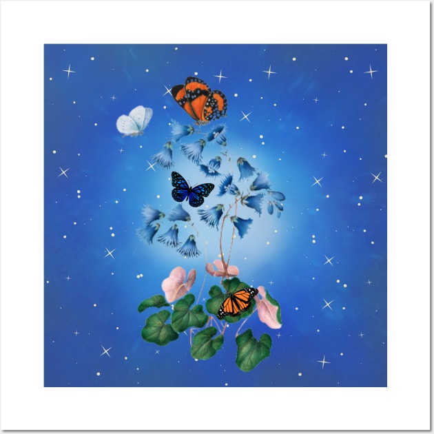 Serenity Blue Floral Design with Butterflies Wall Art by Calmavibes